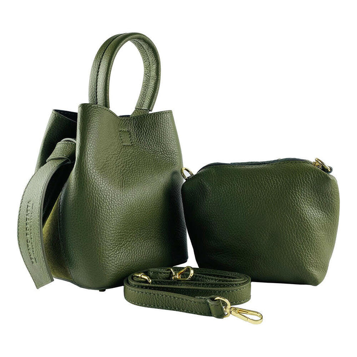 RB1006E | Bucket Bag with Clutch Shoulder bag with shiny gold metal lobster clasp attachments - Green color -4