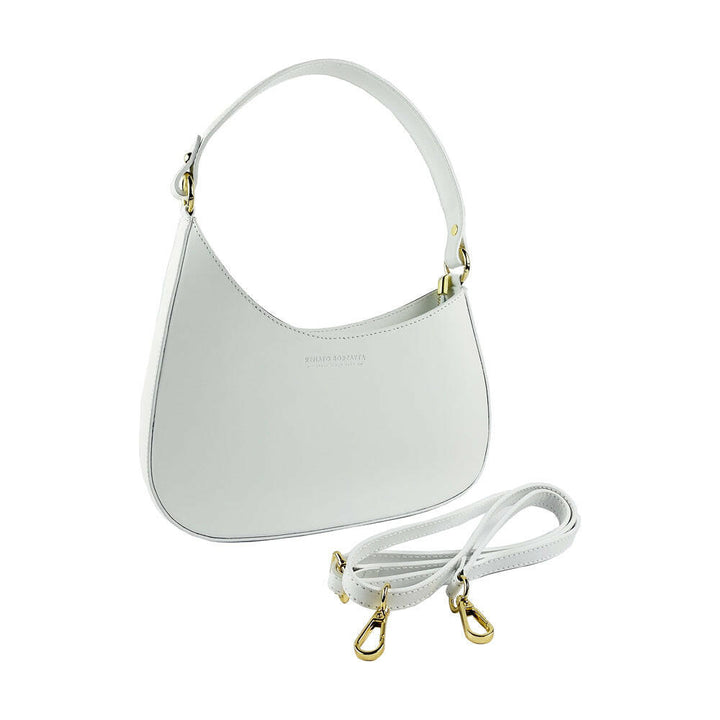 RB1013W | Women's shoulder bag and removable shoulder strap in Genuine Leather Made in Italy. Attachments with shiny gold metal snap hooks - White color - Dimensions: 28 x 6 x 25 + 12 cm (handle)-0