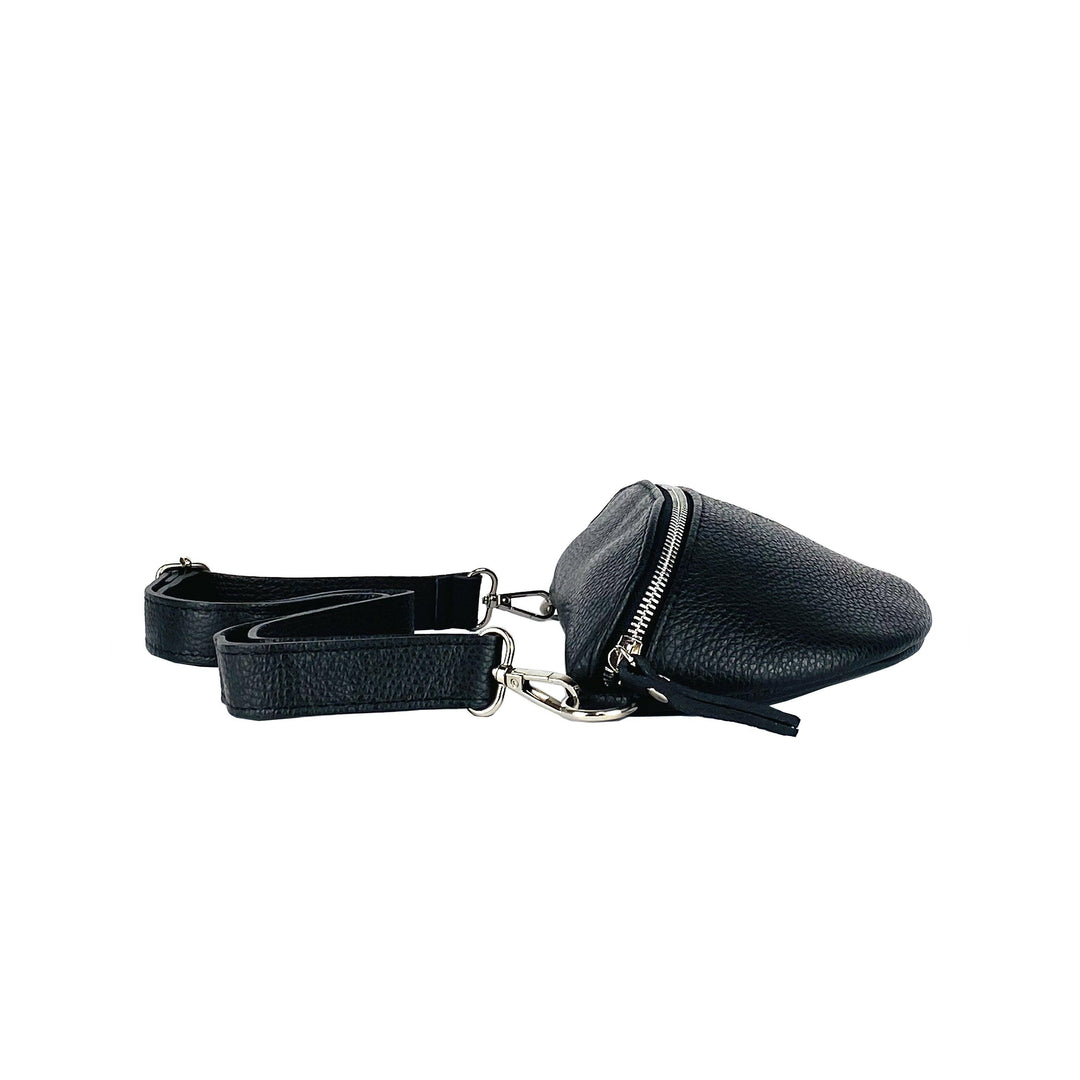 RB1015A | Waist bag with removable shoulder strap in Genuine Leather  Attachments with shiny nickel metal snap hooks - Black color-5