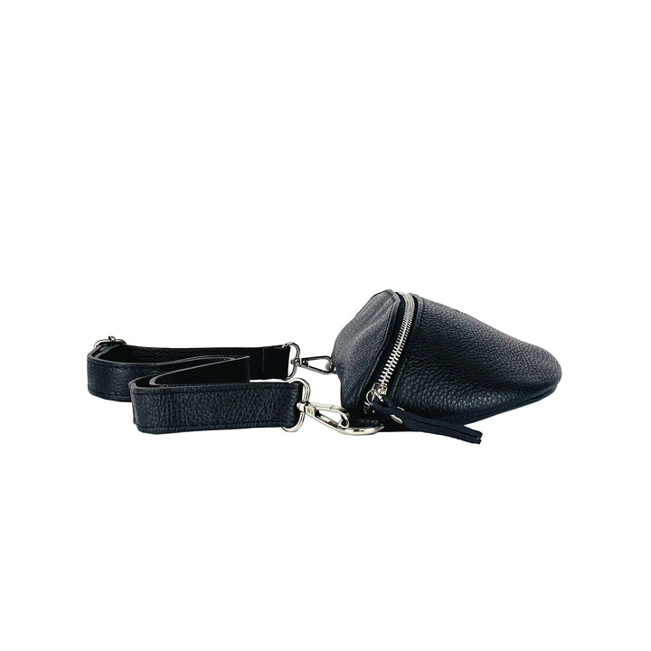RB1015A | Waist bag with removable shoulder strap in Genuine Leather  Attachments with shiny nickel metal snap hooks - Black color-5