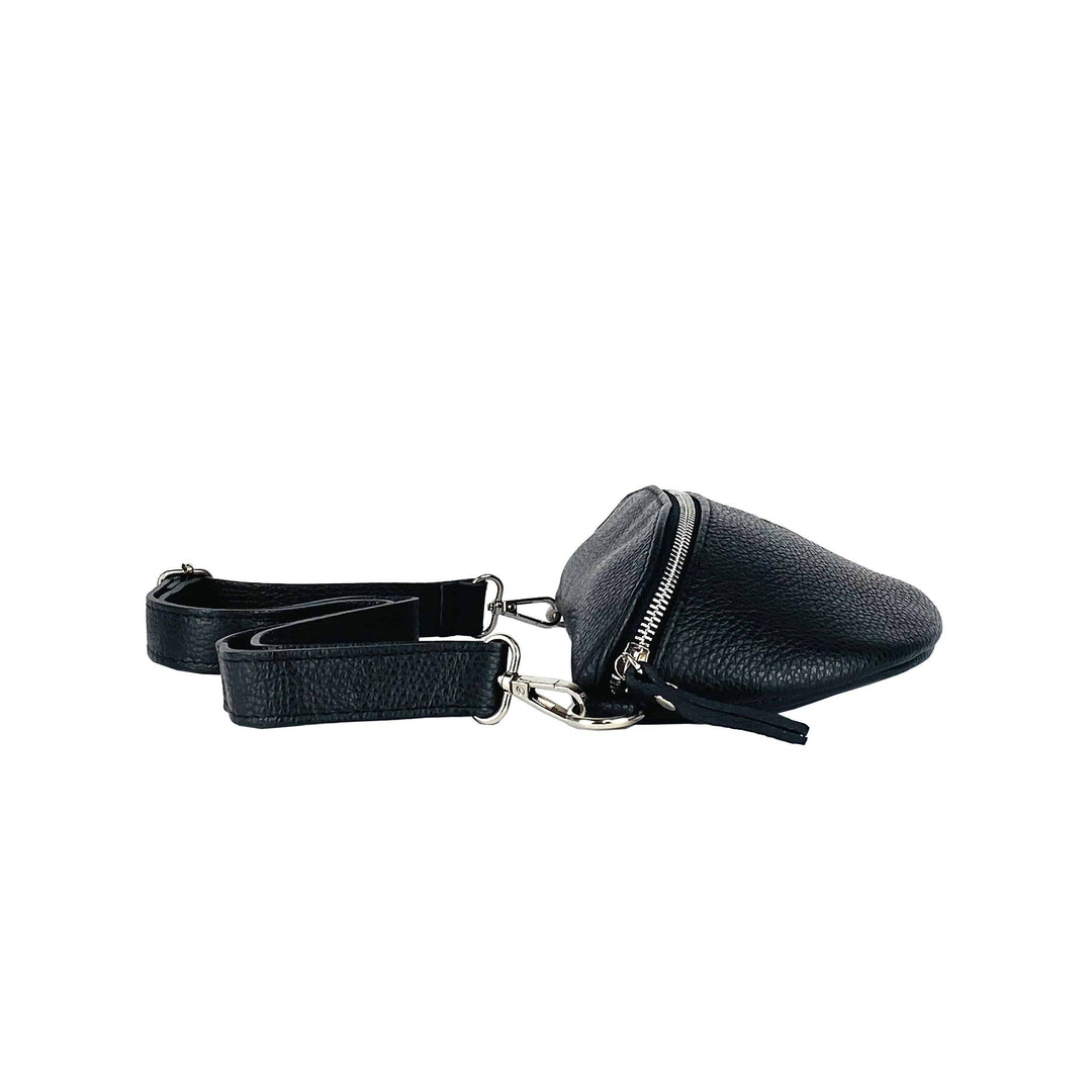 RB1015A | Waist bag with removable shoulder strap in Genuine Leather  Attachments with shiny nickel metal snap hooks - Black color