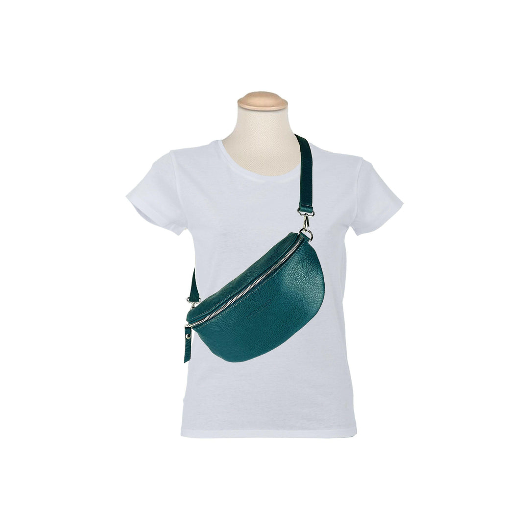 RB1015BZ | Waist bag with removable shoulder strap. Attachments with shiny nickel metal snap hooks - Teal color -6