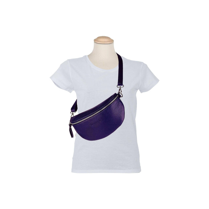 RB1015Y | Waist bag with removable shoulder strap in Genuine Leather Attachments with shiny nickel metal snap hooks - Purple color-Shangri-La Fashion