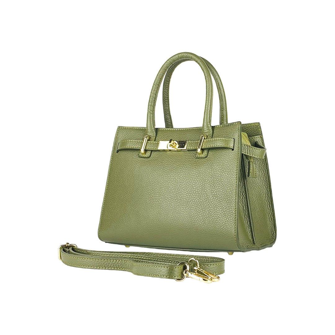 RB1016AG | Women's handbag  with removable shoulder strap. Shiny Gold metal snap hooks - Olive Green color -0