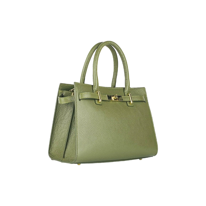 RB1016AG | Women's handbag  with removable shoulder strap. Shiny Gold metal snap hooks - Olive Green color -1