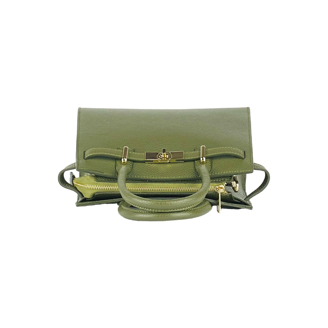 RB1016AG | Women's handbag  with removable shoulder strap. Shiny Gold metal snap hooks - Olive Green color -6