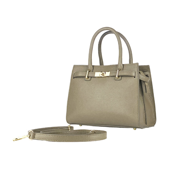 RB1016AQ | Women's handbag in genuine leather with removable shoulder strap. Attachments with shiny gold metal snap hooks - Taupe color -0