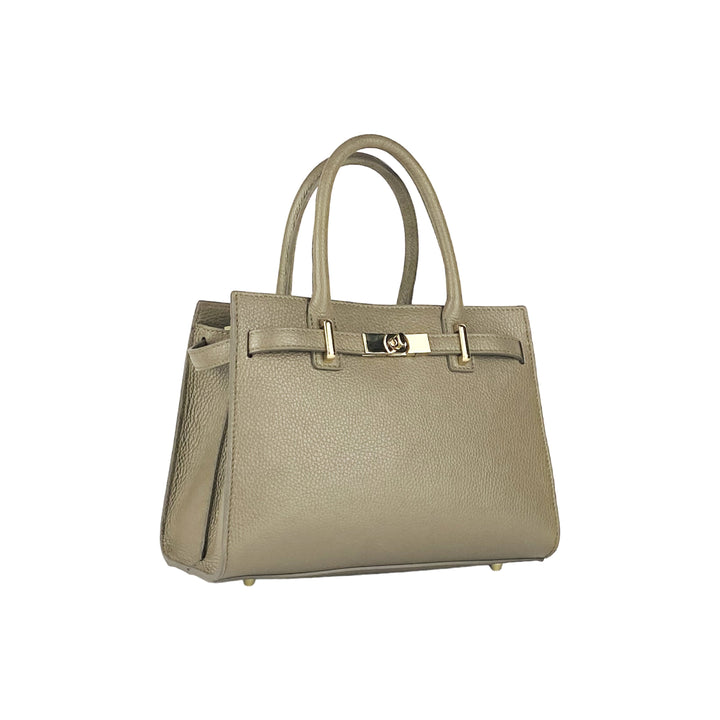 RB1016AQ | Women's handbag in genuine leather with removable shoulder strap. Attachments with shiny gold metal snap hooks - Taupe color -1