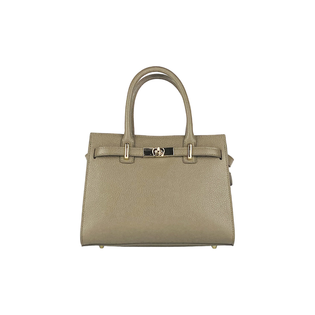 RB1016AQ | Women's handbag in genuine leather with removable shoulder strap. Attachments with shiny gold metal snap hooks - Taupe color -2