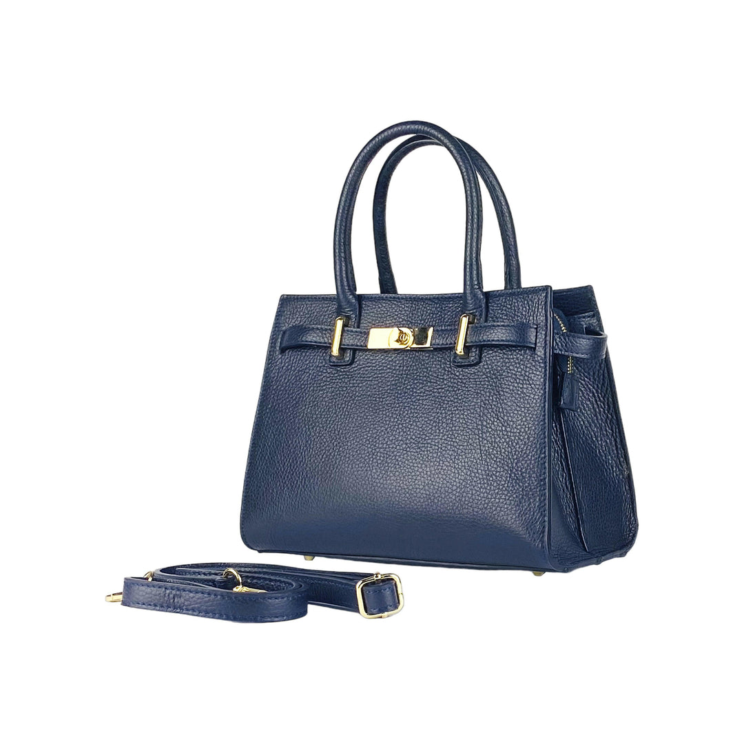 RB1016D | Women's handbag with removable shoulder strap. Attachments with shiny gold metal snap hooks - Blue color -0