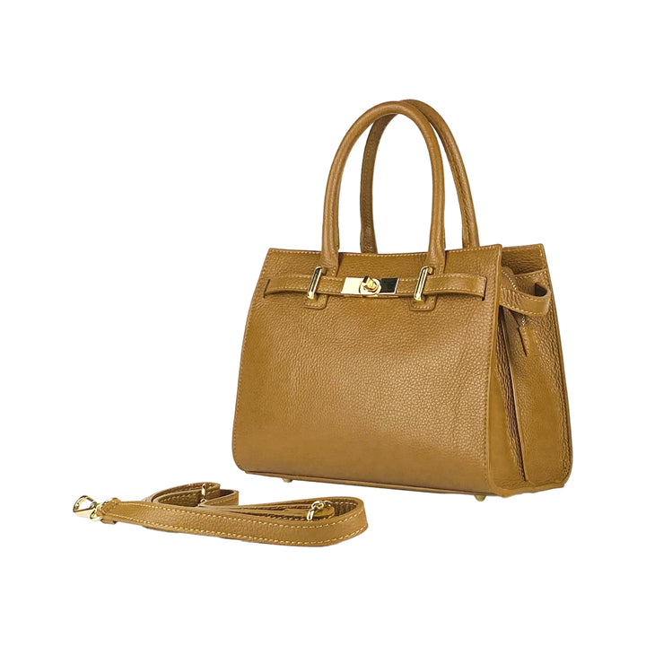 RB1016S | Women's handbag in genuine leather with removable shoulder strap. Attachments with shiny gold metal snap hooks - Cognac color-0