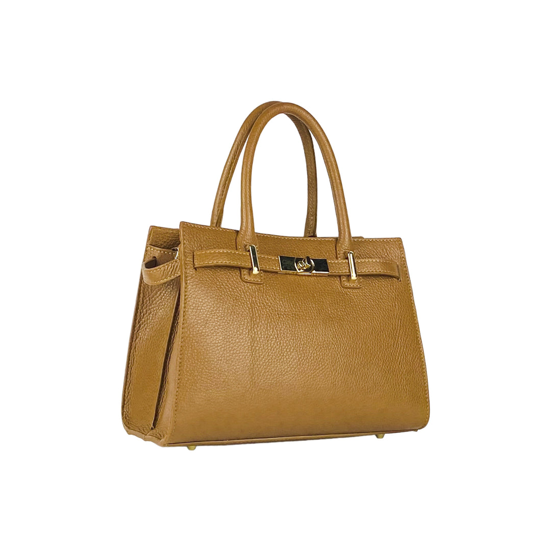 RB1016S | Women's handbag in genuine leather with removable shoulder strap. Attachments with shiny gold metal snap hooks - Cognac color-1