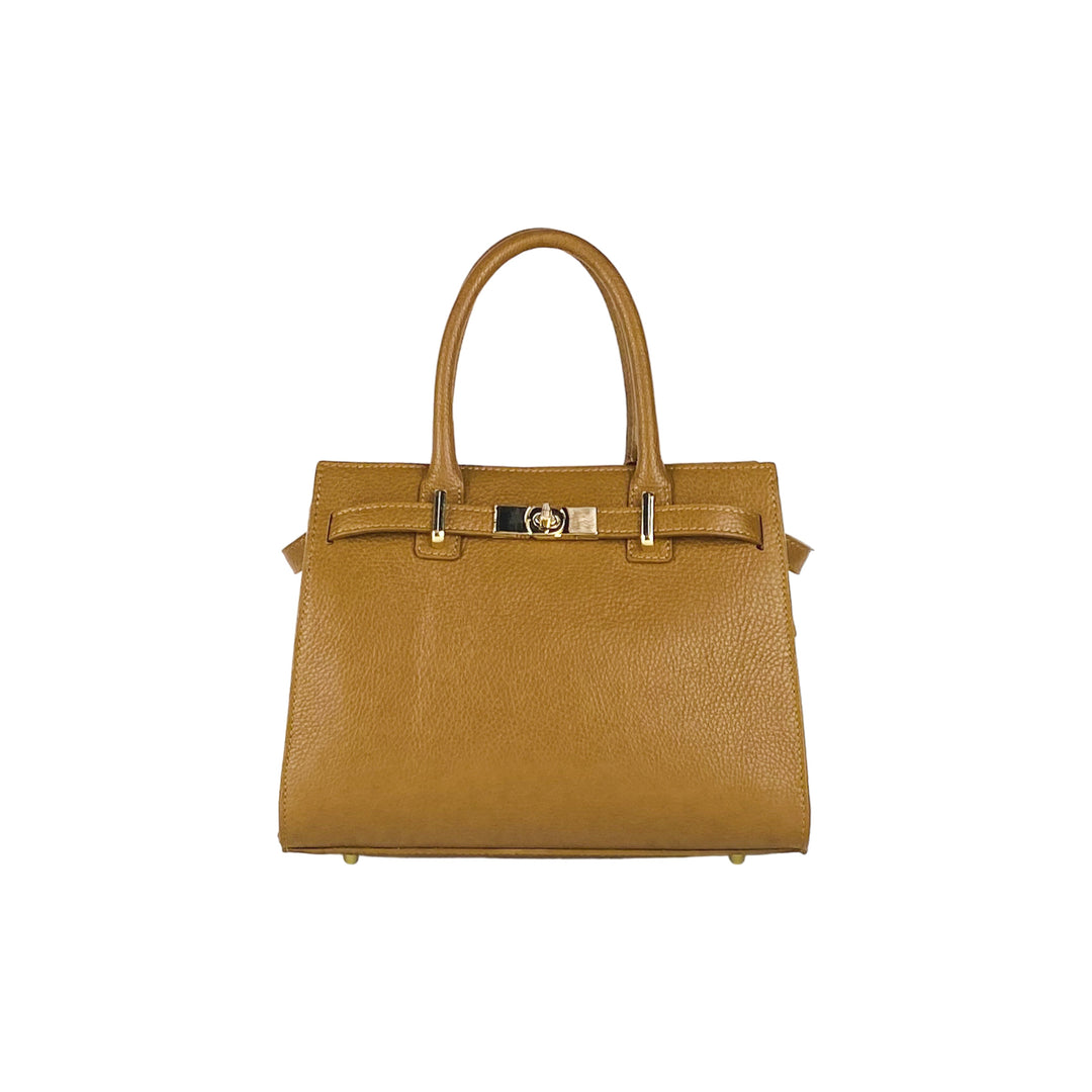 RB1016S | Women's handbag in genuine leather with removable shoulder strap. Attachments with shiny gold metal snap hooks - Cognac color-2