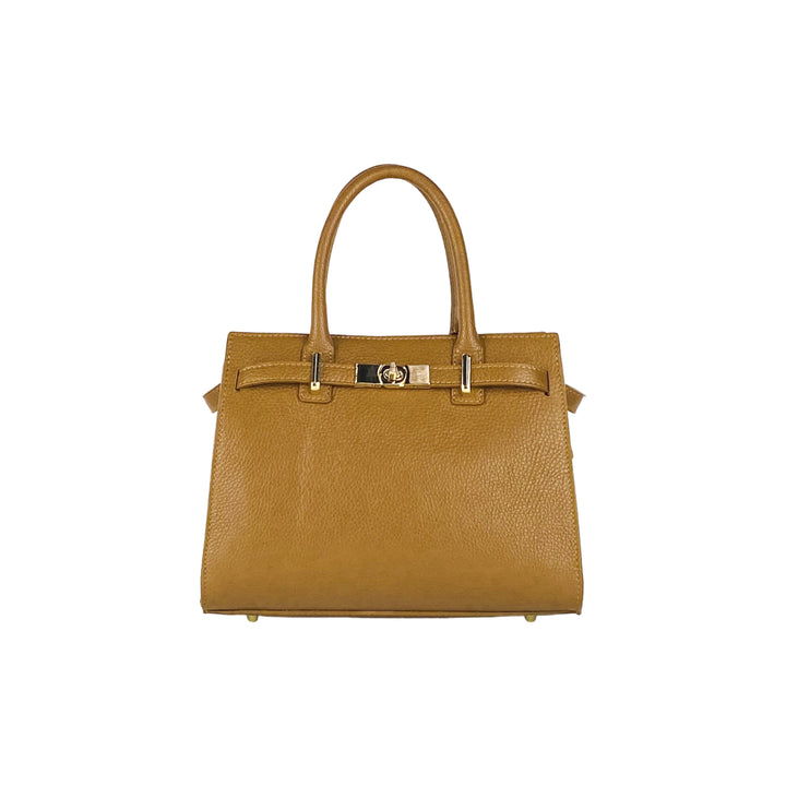 RB1016S | Women's handbag in genuine leather with removable shoulder strap. Attachments with shiny gold metal snap hooks - Cognac color-2