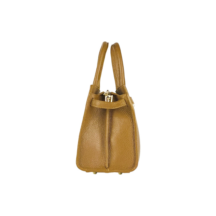 RB1016S | Women's handbag in genuine leather with removable shoulder strap. Attachments with shiny gold metal snap hooks - Cognac color-4