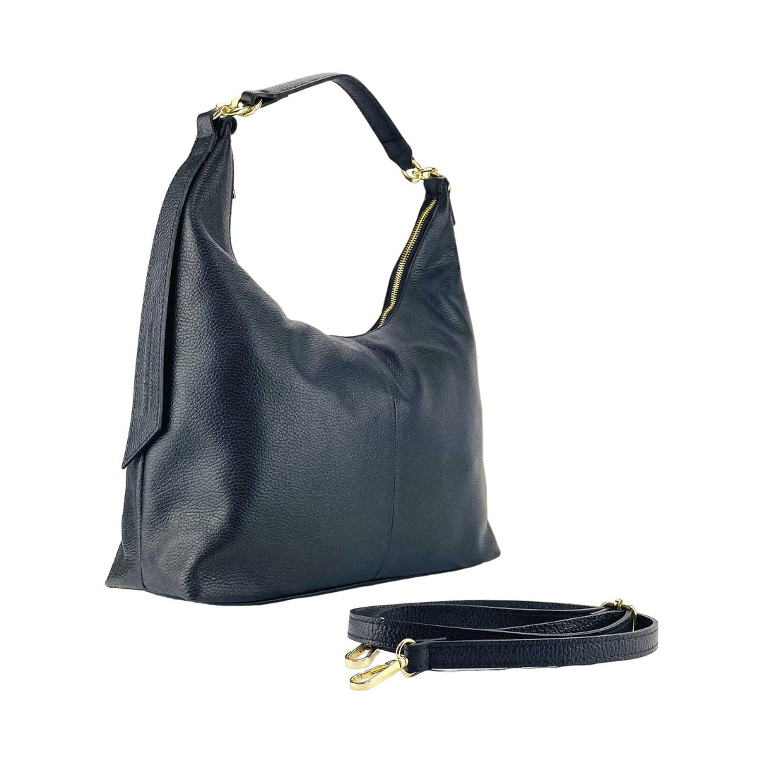 RB1017A | Soft women's shoulder bag with single handle and removable shoulder strap. Attachments with shiny gold metal snap hooks - Black color -0