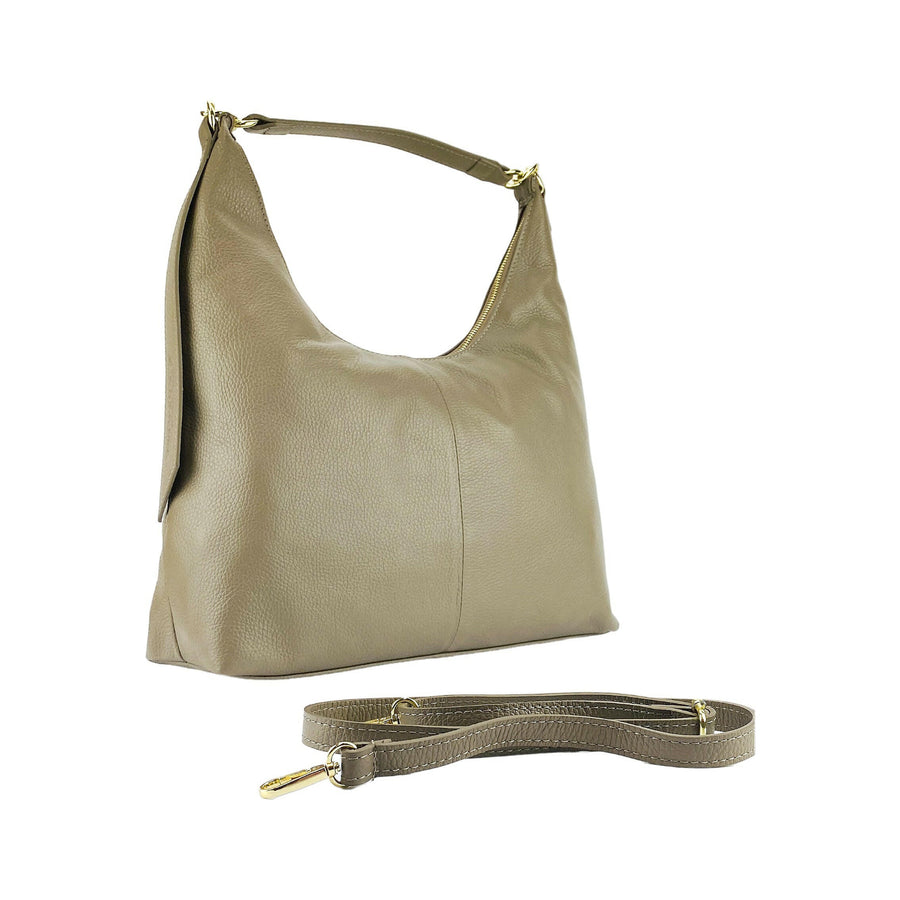 RB1017AQ | Soft women's shoulder bag  with single handle and removable shoulder strap. Attachments with shiny gold metal snap hooks - Taupe color -0