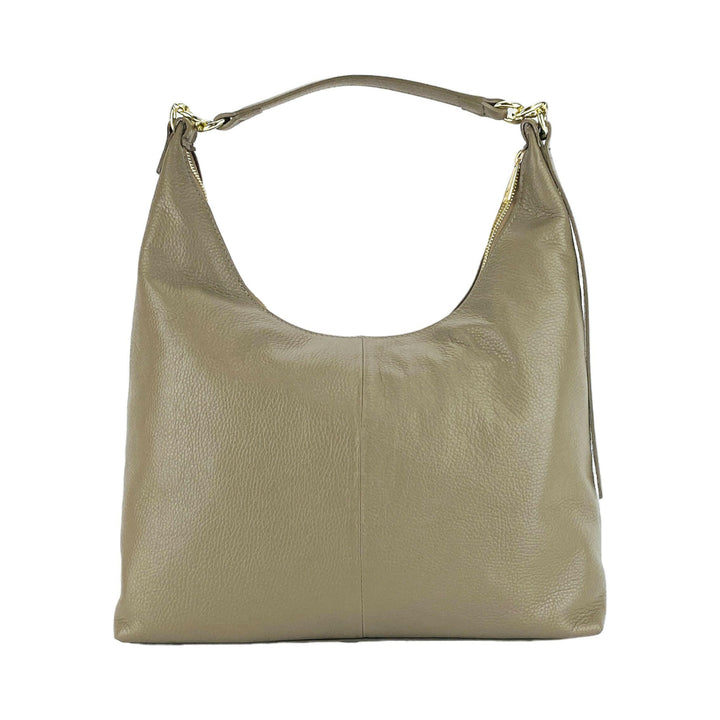 RB1017AQ | Soft women's shoulder bag  with single handle and removable shoulder strap. Attachments with shiny gold metal snap hooks - Taupe color -2