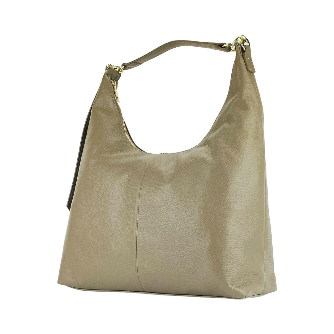 RB1017AQ | Soft women's shoulder bag  with single handle and removable shoulder strap. Attachments with shiny gold metal snap hooks - Taupe color -4