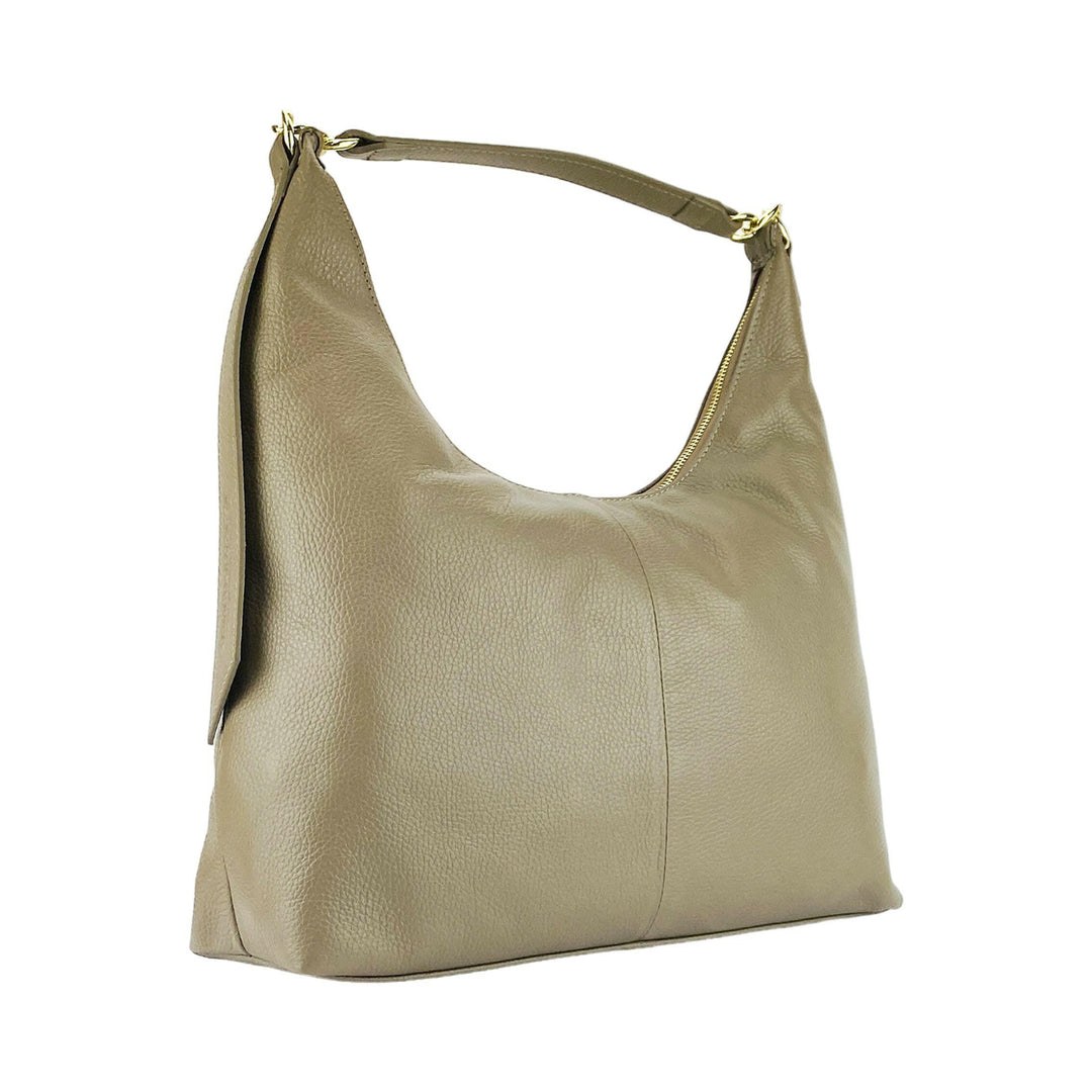 RB1017AQ | Soft women's shoulder bag  with single handle and removable shoulder strap. Attachments with shiny gold metal snap hooks - Taupe color -5