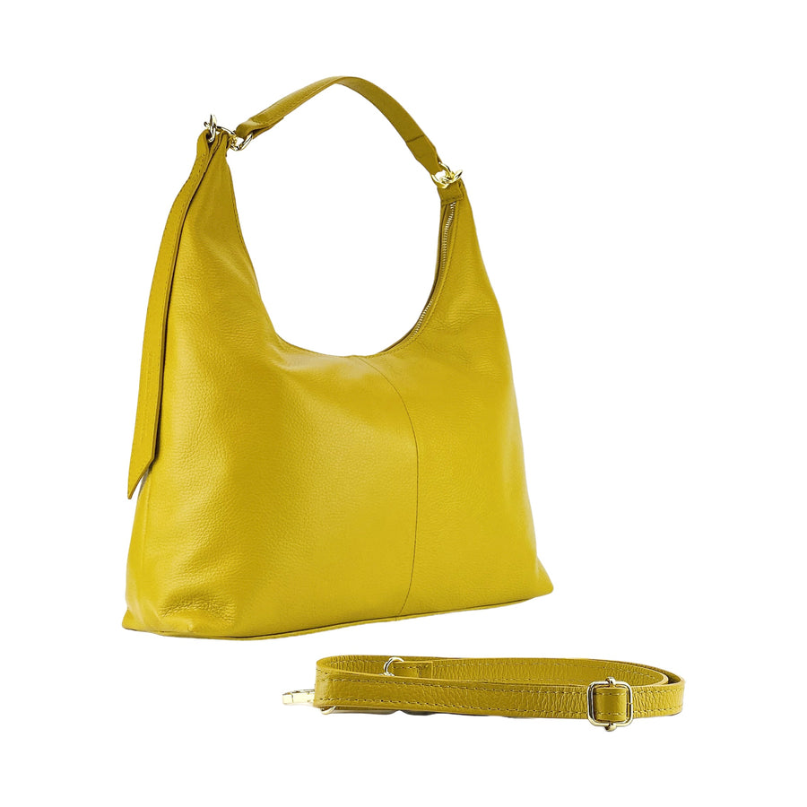 RB1017AR | Soft women's shoulder bag with single handle and removable shoulder strap. Attachments with shiny gold metal snap hooks - Mustard color-0