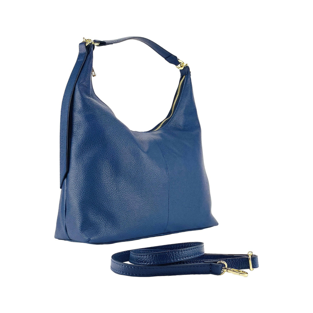 RB1017D | Soft women's shoulder bag in genuine leather with single handle and removable shoulder strap. Attachments with shiny gold metal snap hooks - Blue color -0