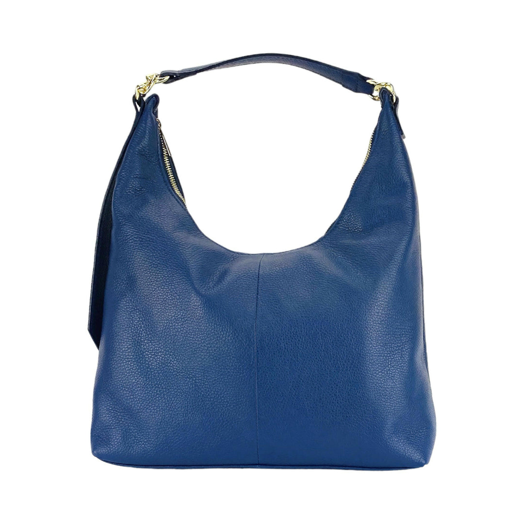 RB1017D | Soft women's shoulder bag in genuine leather with single handle and removable shoulder strap. Attachments with shiny gold metal snap hooks - Blue color -1