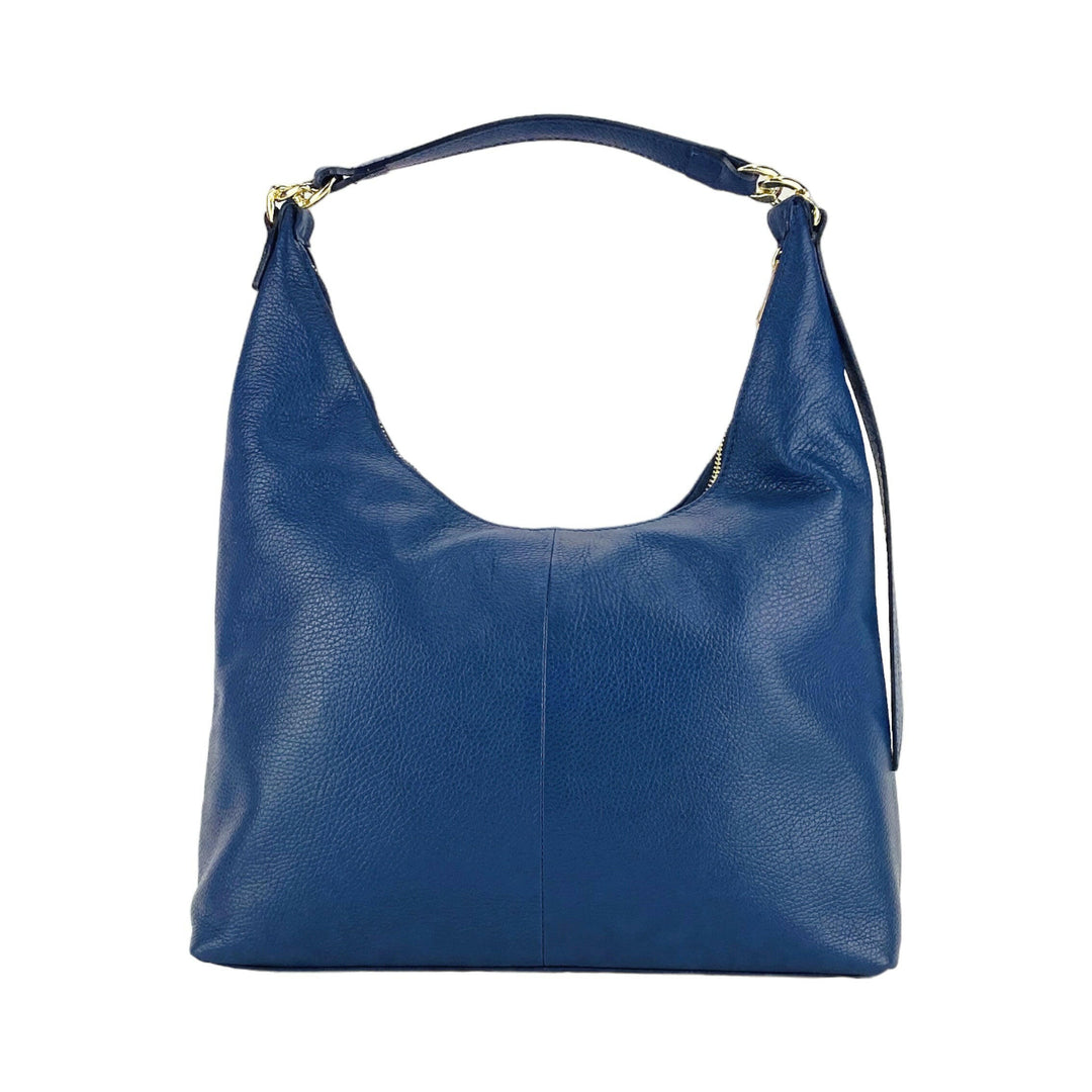 RB1017D | Soft women's shoulder bag in genuine leather with single handle and removable shoulder strap. Attachments with shiny gold metal snap hooks - Blue color -2