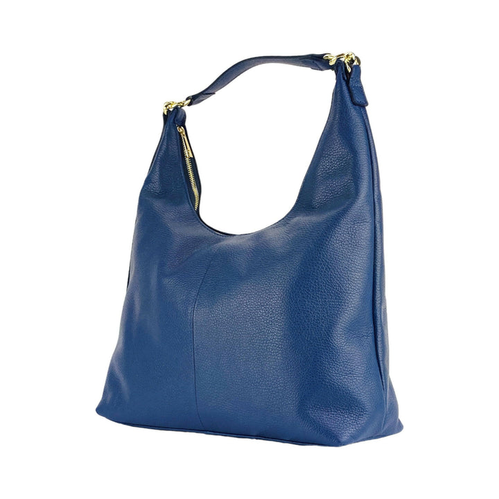 RB1017D | Soft women's shoulder bag in genuine leather with single handle and removable shoulder strap. Attachments with shiny gold metal snap hooks - Blue color -4