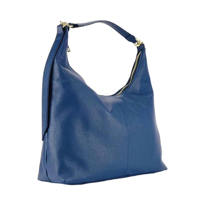 RB1017D | Soft women's shoulder bag in genuine leather with single handle and removable shoulder strap. Attachments with shiny gold metal snap hooks - Blue color -5