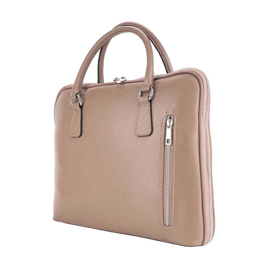 RB1019AQ | Unisex Business Briefcase in Genuine Leather Made in Italy with removable shoulder strap. Attachments with shiny nickel metal snap hooks - Taupe color - Dimensions: cm 37 x 29 x 6.5-0