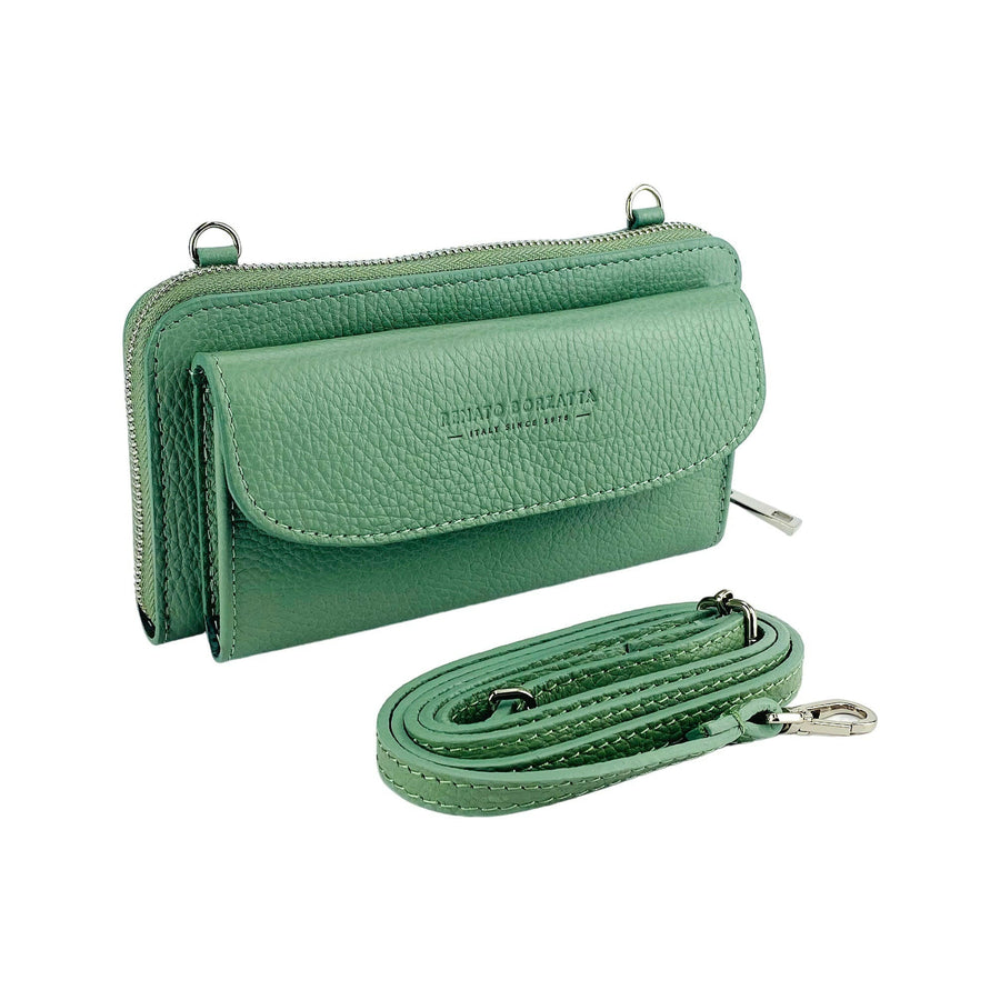 RB1020BF | P/Fogli Woman with Made in Italy Genuine Leather mobile phone holder with removable shoulder strap. Attachments with shiny nickel metal snap hooks. Mint color. Dimensions: 19.5 x 11 x 5 cm-0