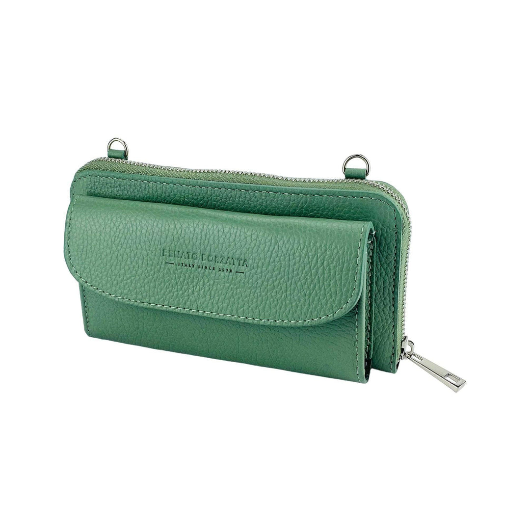 RB1020BF | P/Fogli Woman with Made in Italy Genuine Leather mobile phone holder with removable shoulder strap. Attachments with shiny nickel metal snap hooks. Mint color. Dimensions: 19.5 x 11 x 5 cm-Shangri-La Fashion