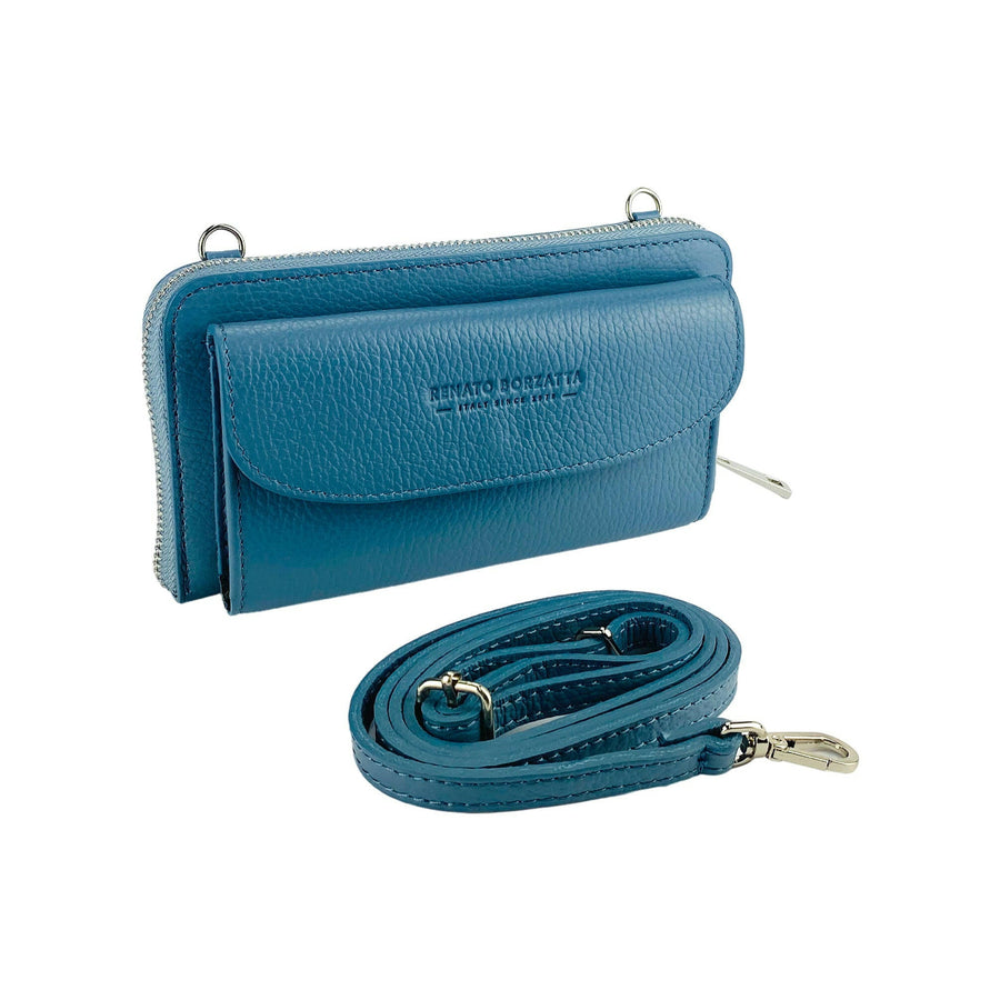 RB1020P | P/Fogli Woman with Made in Italy Genuine Leather mobile phone holder with removable shoulder strap. Attachments with shiny nickel metal snap hooks. Aviation color. Dimensions: 19.5 x 11 x 5 cm-0