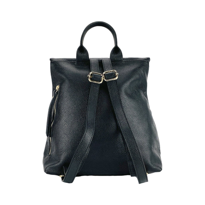 RB1021A | Soft women's backpack in genuine leather with adjustable shoulder straps. Zipper and accessories in shiny gold metal - Black color-4