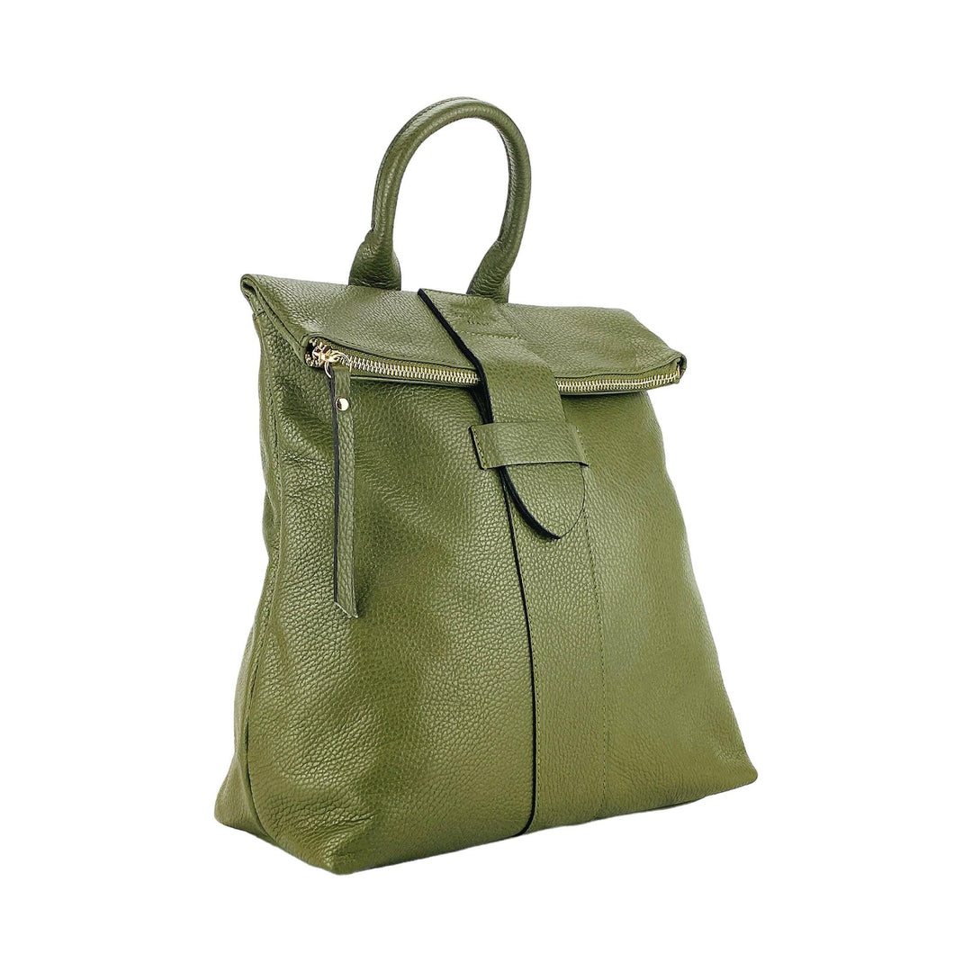 RB1021E | Soft women's backpack  with adjustable shoulder straps. Zipper and accessories in shiny gold metal - Green color-0