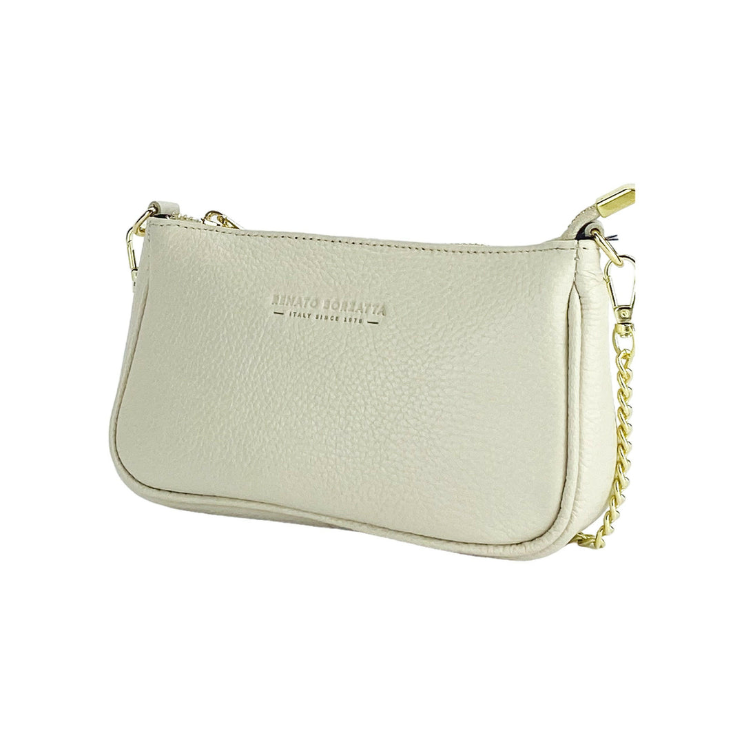 RB1022AB | Small bag in genuine leather Made in Italy with removable chain shoulder strap. Zipper closure and shiny gold metal accessories - Ivory color - Dimensions: 20 x 12 x 6 cm-1