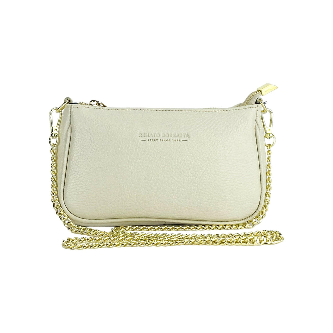 RB1022AB | Small bag in genuine leather Made in Italy with removable chain shoulder strap. Zipper closure and shiny gold metal accessories - Ivory color - Dimensions: 20 x 12 x 6 cm-2