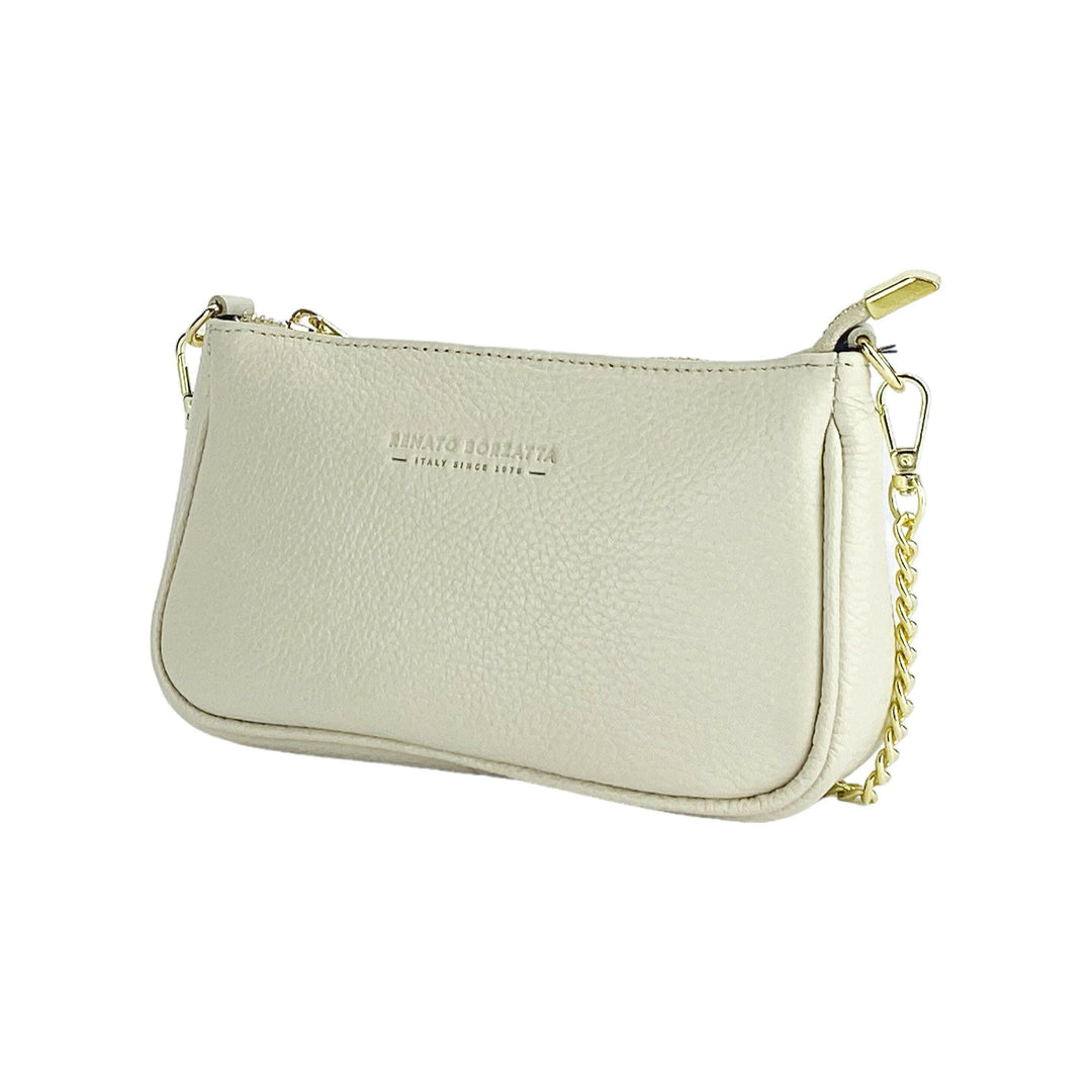 RB1022AB | Small bag in genuine leather Made in Italy with removable chain shoulder strap. Zipper closure and shiny gold metal accessories - Ivory color - Dimensions: 20 x 12 x 6 cm-0