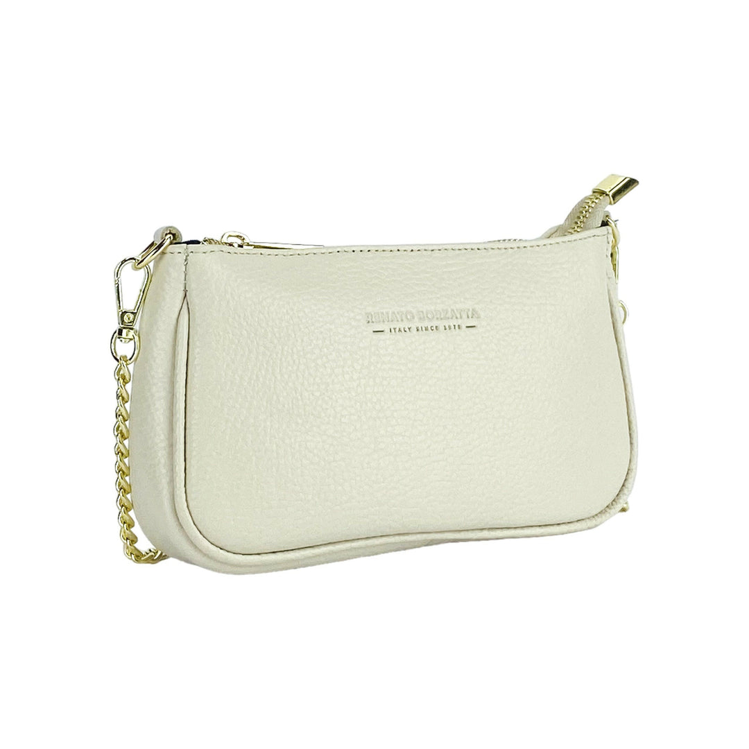 RB1022AB | Small bag in genuine leather Made in Italy with removable chain shoulder strap. Zipper closure and shiny gold metal accessories - Ivory color - Dimensions: 20 x 12 x 6 cm-3