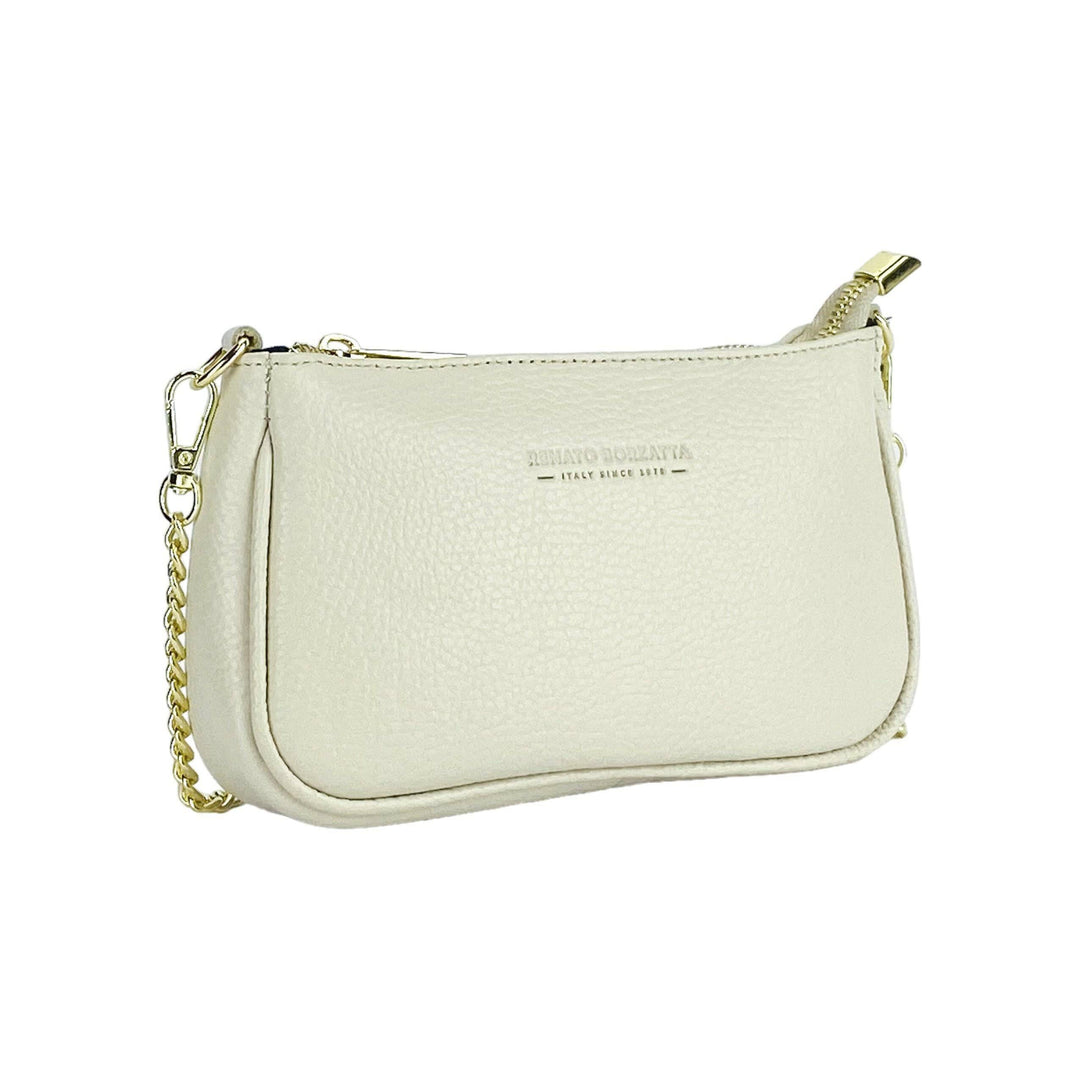 RB1022AB | Small bag in genuine leather Made in Italy with removable chain shoulder strap. Zipper closure and shiny gold metal accessories - Ivory color - Dimensions: 20 x 12 x 6 cm-Shangri-La Fashion