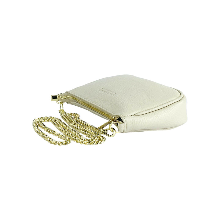 RB1022AB | Small bag in genuine leather Made in Italy with removable chain shoulder strap. Zipper closure and shiny gold metal accessories - Ivory color - Dimensions: 20 x 12 x 6 cm-4