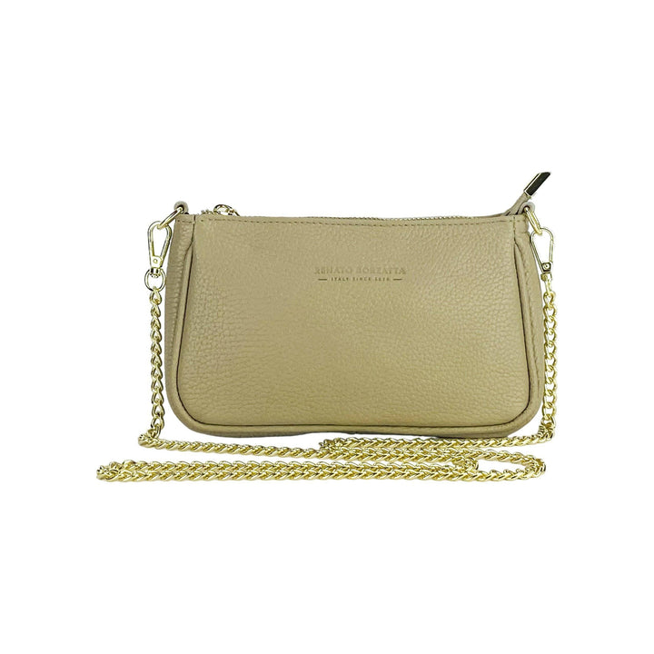 RB1022AQ | Small bag in genuine leather Made in Italy with removable chain shoulder strap. Zipper closure and shiny gold metal accessories - Taupe color - Dimensions: 20 x 12 x 6 cm-Shangri-La Fashion