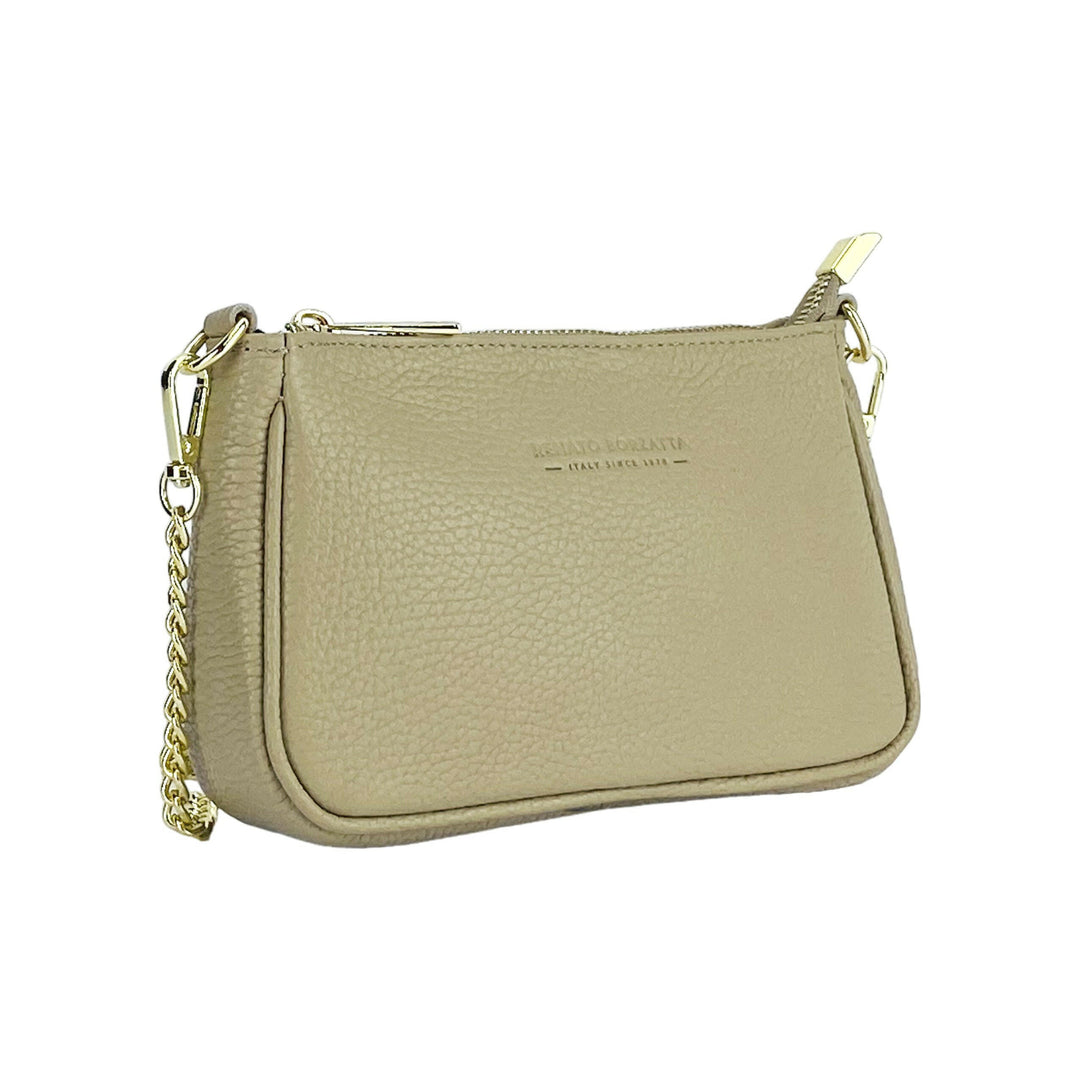 RB1022AQ | Small bag in genuine leather Made in Italy with removable chain shoulder strap. Zipper closure and shiny gold metal accessories - Taupe color - Dimensions: 20 x 12 x 6 cm-2
