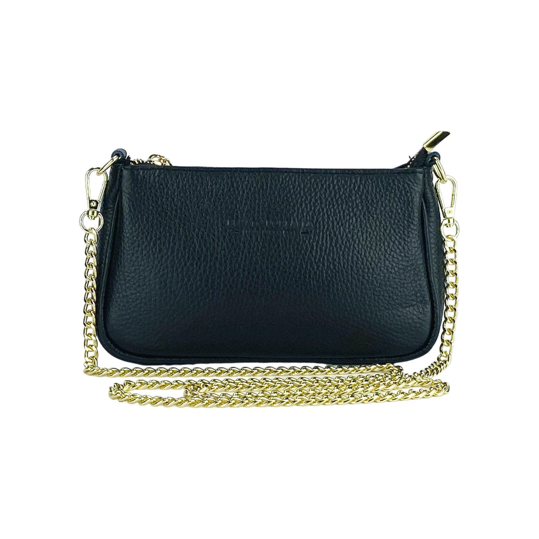 RB1022A | Small bag in genuine leather Made in Italy with removable chain shoulder strap. Zipper closure and shiny gold metal accessories - Black color - Dimensions: 20 x 12 x 6 cm-1