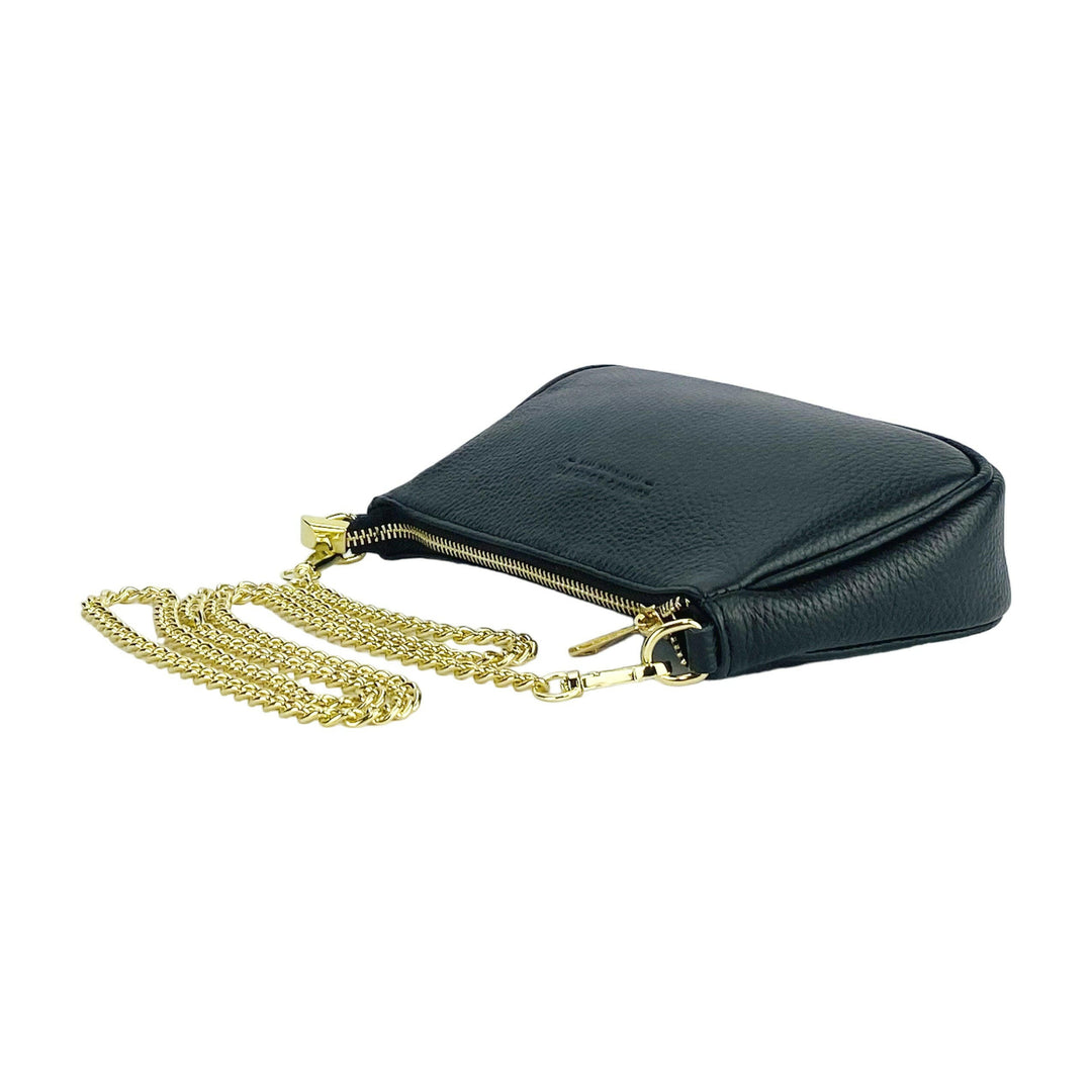 RB1022A | Small bag in genuine leather Made in Italy with removable chain shoulder strap. Zipper closure and shiny gold metal accessories - Black color - Dimensions: 20 x 12 x 6 cm-3