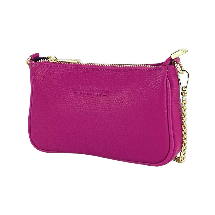 RB1022BE | Small bag in genuine leather Made in Italy with removable chain shoulder strap. Zipper closure and shiny gold metal accessories - Fuchsia color - Dimensions: 20 x 12 x 6 cm-0
