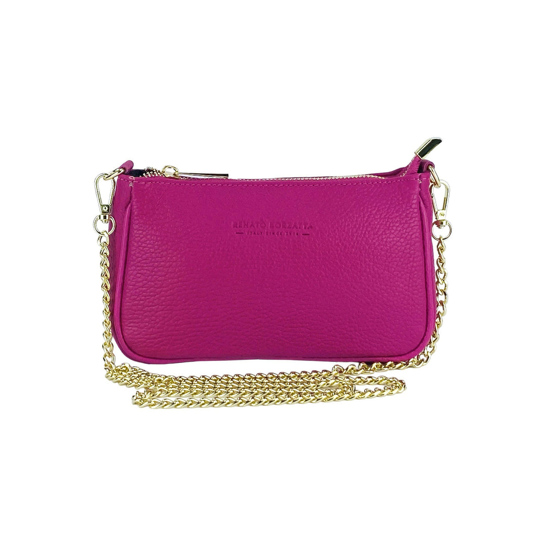 RB1022BE | Small bag in genuine leather Made in Italy with removable chain shoulder strap. Zipper closure and shiny gold metal accessories - Fuchsia color - Dimensions: 20 x 12 x 6 cm-1