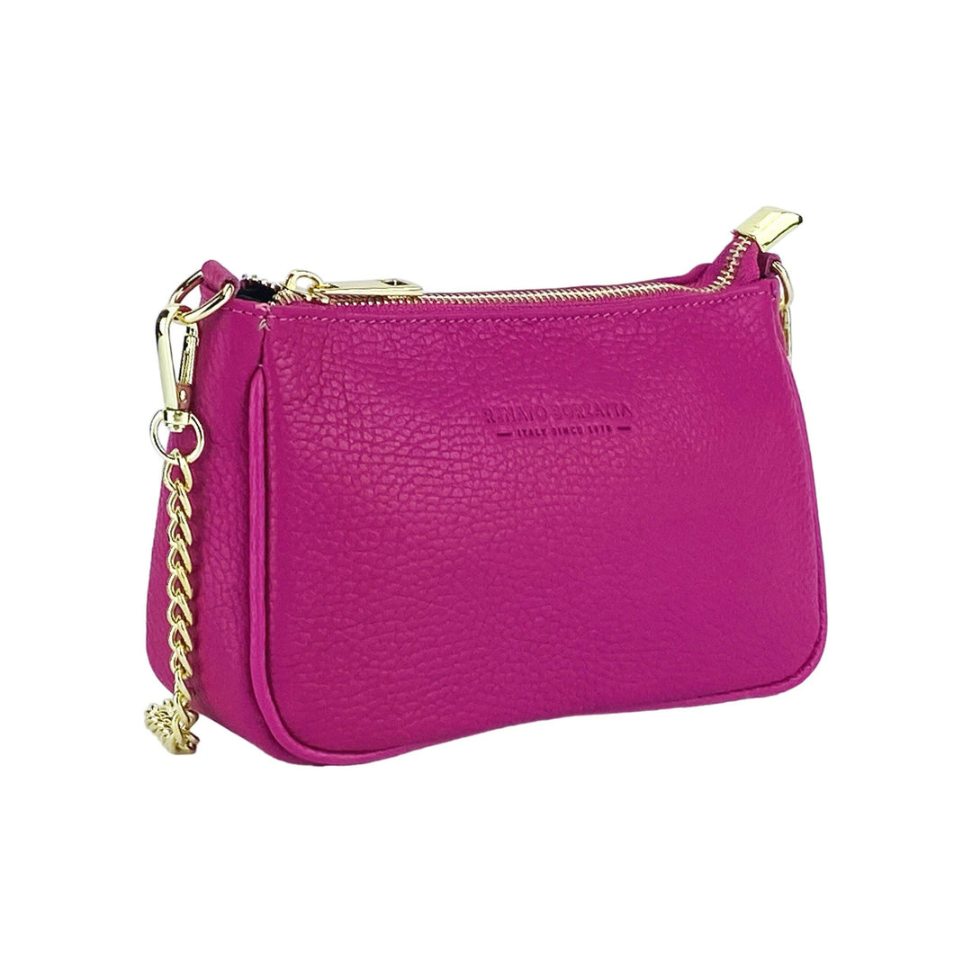 RB1022BE | Small bag in genuine leather Made in Italy with removable chain shoulder strap. Zipper closure and shiny gold metal accessories - Fuchsia color - Dimensions: 20 x 12 x 6 cm-2