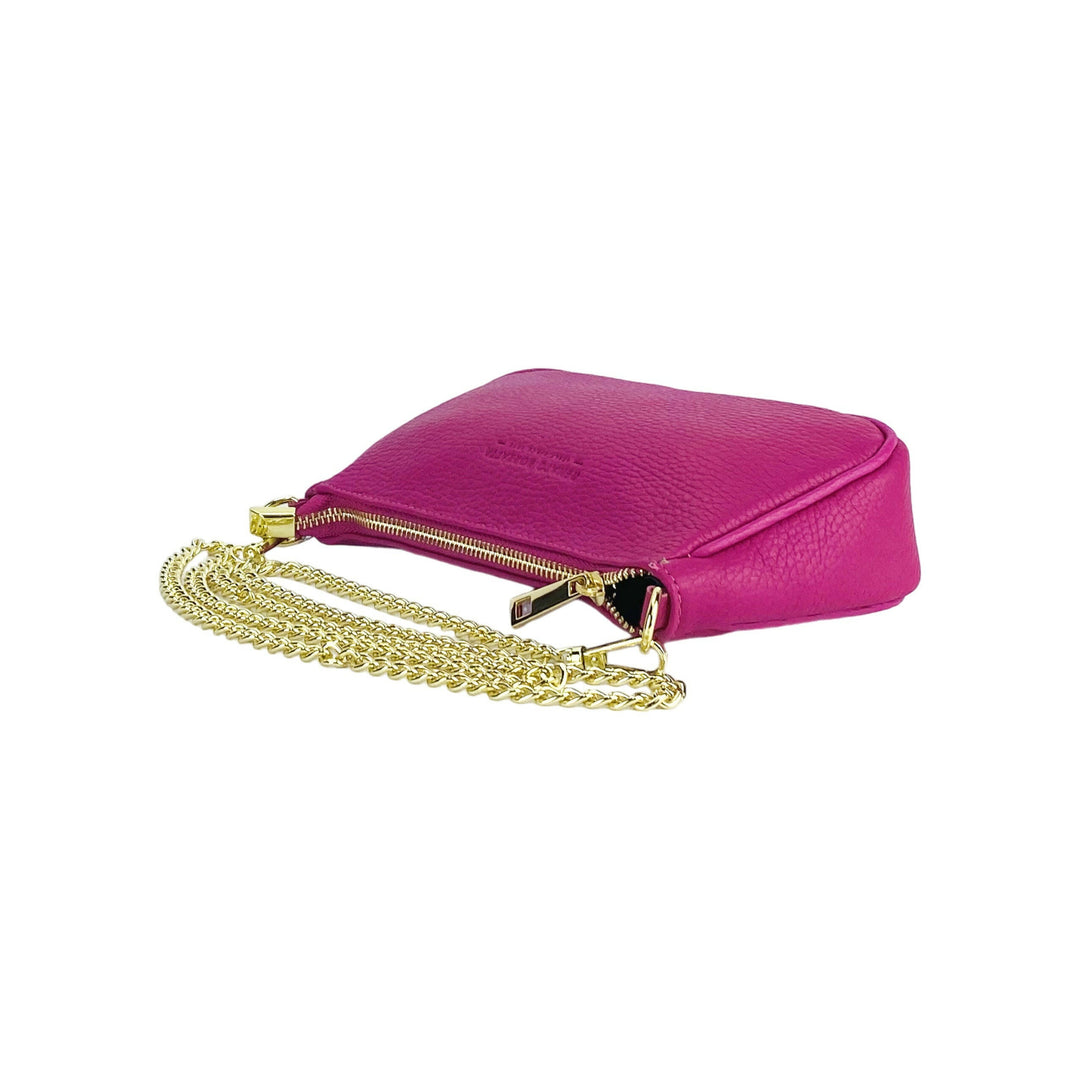 RB1022BE | Small bag in genuine leather Made in Italy with removable chain shoulder strap. Zipper closure and shiny gold metal accessories - Fuchsia color - Dimensions: 20 x 12 x 6 cm-3